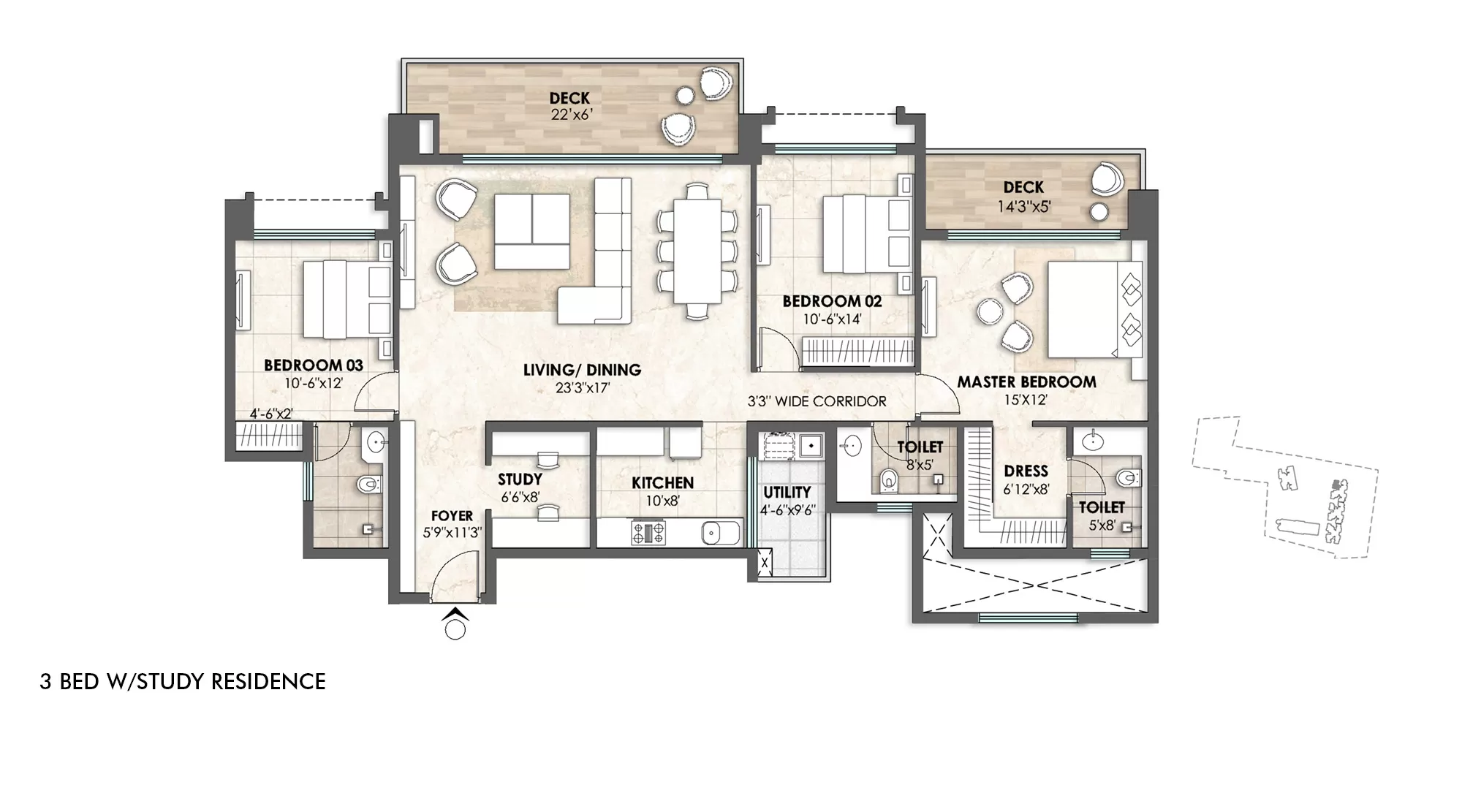 3 Bed w/Study Residence Floor Plan